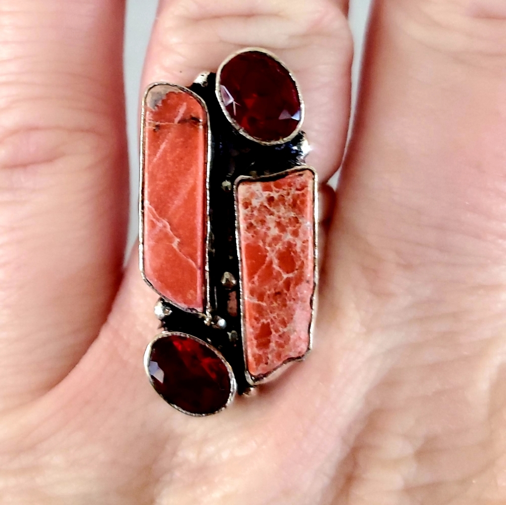 New Sea Sediment Jasper & Garnet 925 Silver Ring.